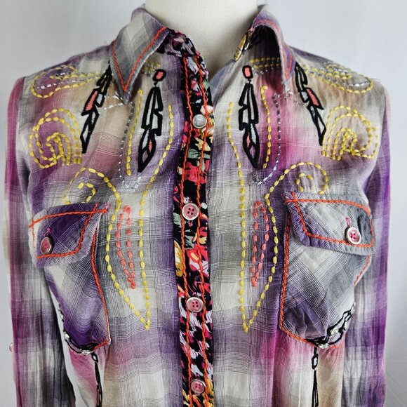 NWT! Roar Native Song Shirt Medium Plaid Embroidered Rhinestone Western Purple - Picture 7 of 15